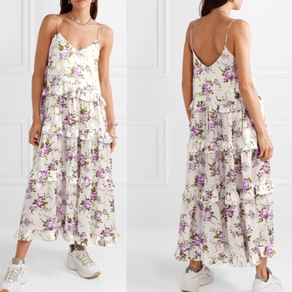 Les Reveries Silk Ruffle-Trimmed Tiered Floral Print Maxi Dress Size 6